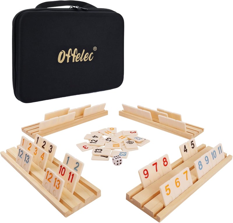 Offelec Upgraded Rummy Cube Game Set & 4 Wooden Racks, 106 Large Number Rummy Tiles and Portable Case, Classic Rummy Games for 2-4 Players, Travel & Family Board Game for Adults, Kids & Parties, Great Gifts - Image 1